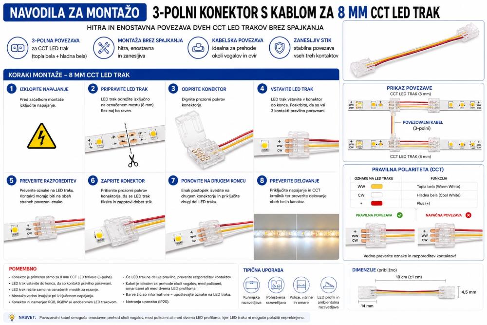 3-polni konektor s kablom za 10 mm CCT LED trak – povezovalna spojka